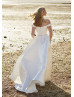 Off Shoulder Ivory Satin Wedding Dress With Beaded Belt